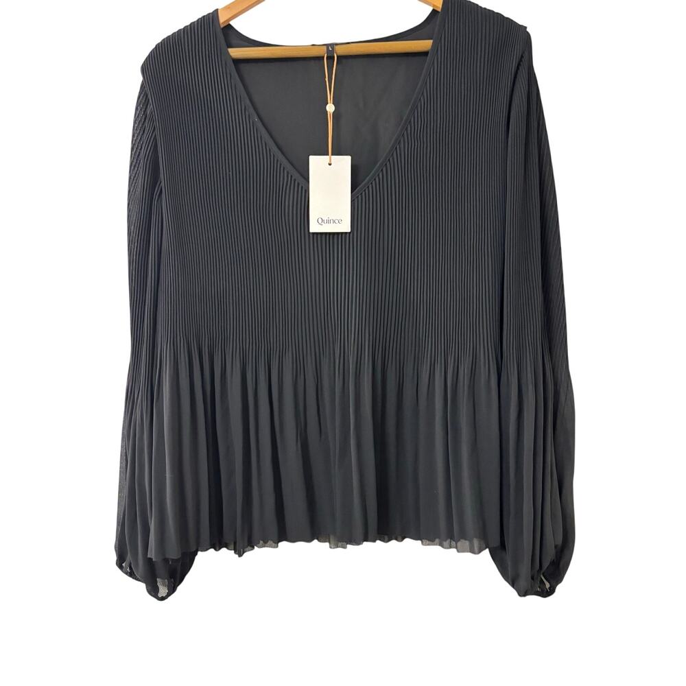 Quince Black Pleated V-Neck Blouse Size L NWT Accordion Long Sleeve Top Work